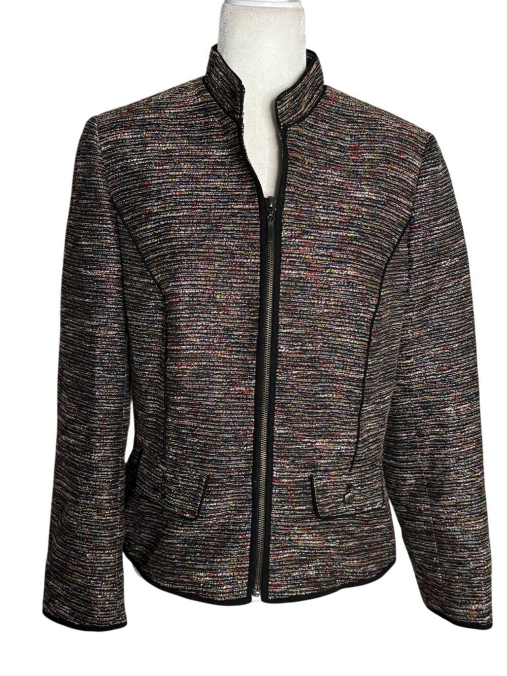John Meyer Boucle Blazer Jacket Womens 10 Black Multicolor Zipper Front Lined